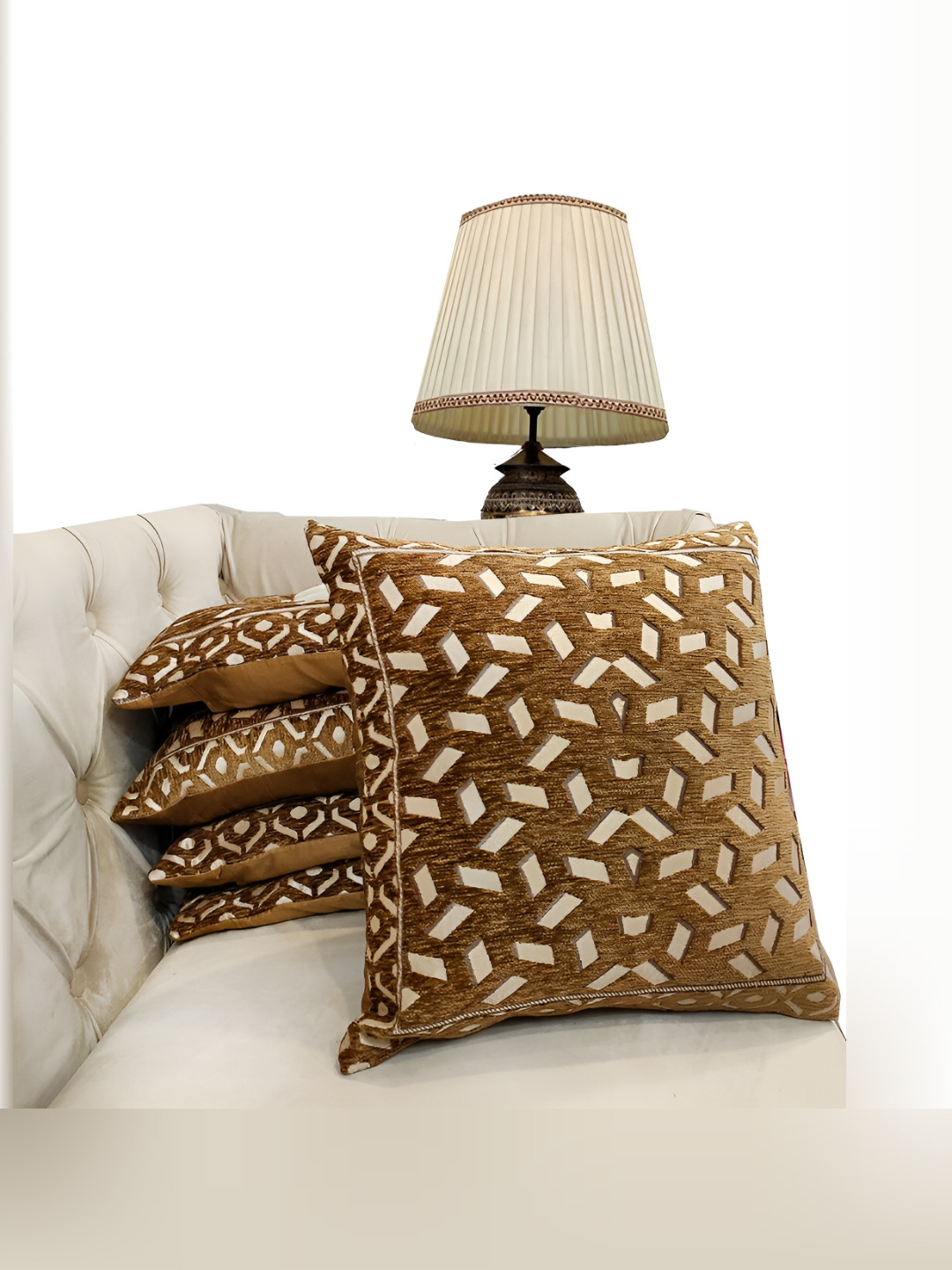 Good Vibes Beige & White 5 Pieces Geometric Jacquard Square Cushion Covers