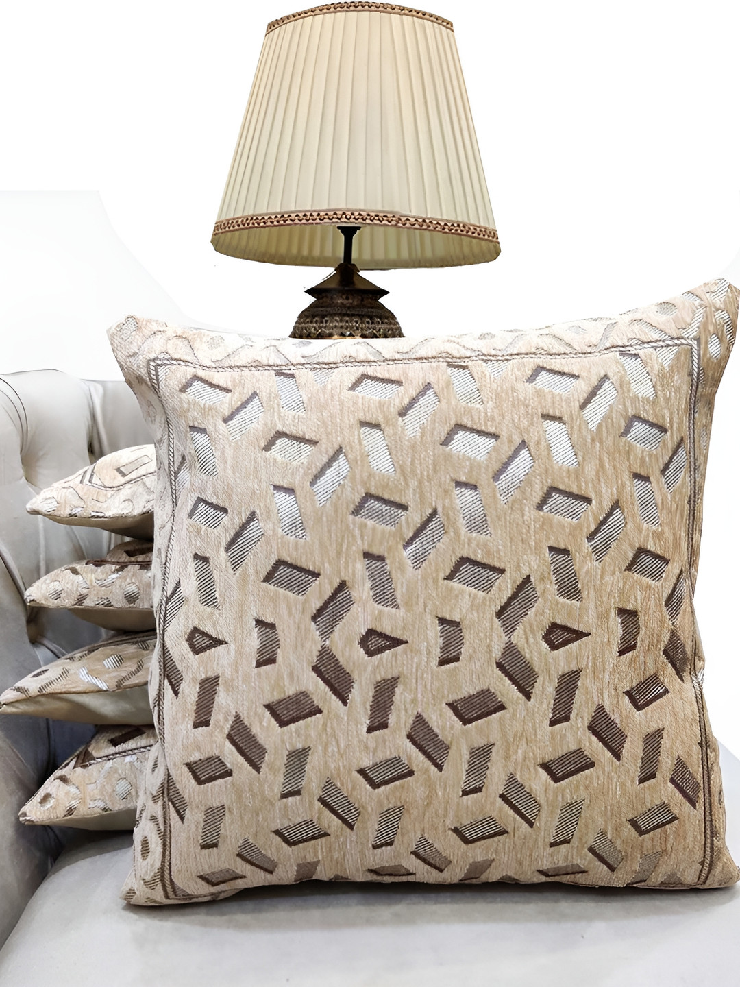 Good Vibes Silver Toned  & Beige 5 Pieces Geometric Jacquard Square Cushion Covers