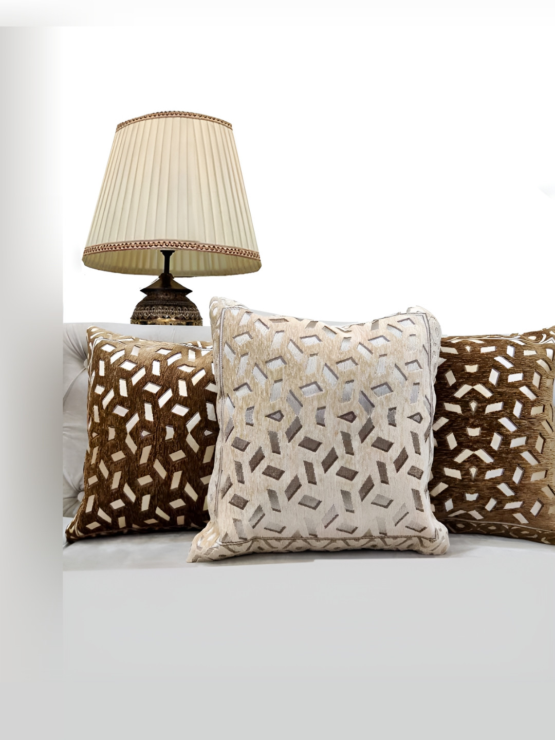Good Vibes Beige & White 3 Pieces Geometric Jacquard Square Cushion Covers