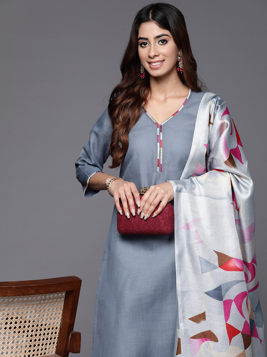 Varanga Thread work Kurta with Trouser and Printed Dupatta