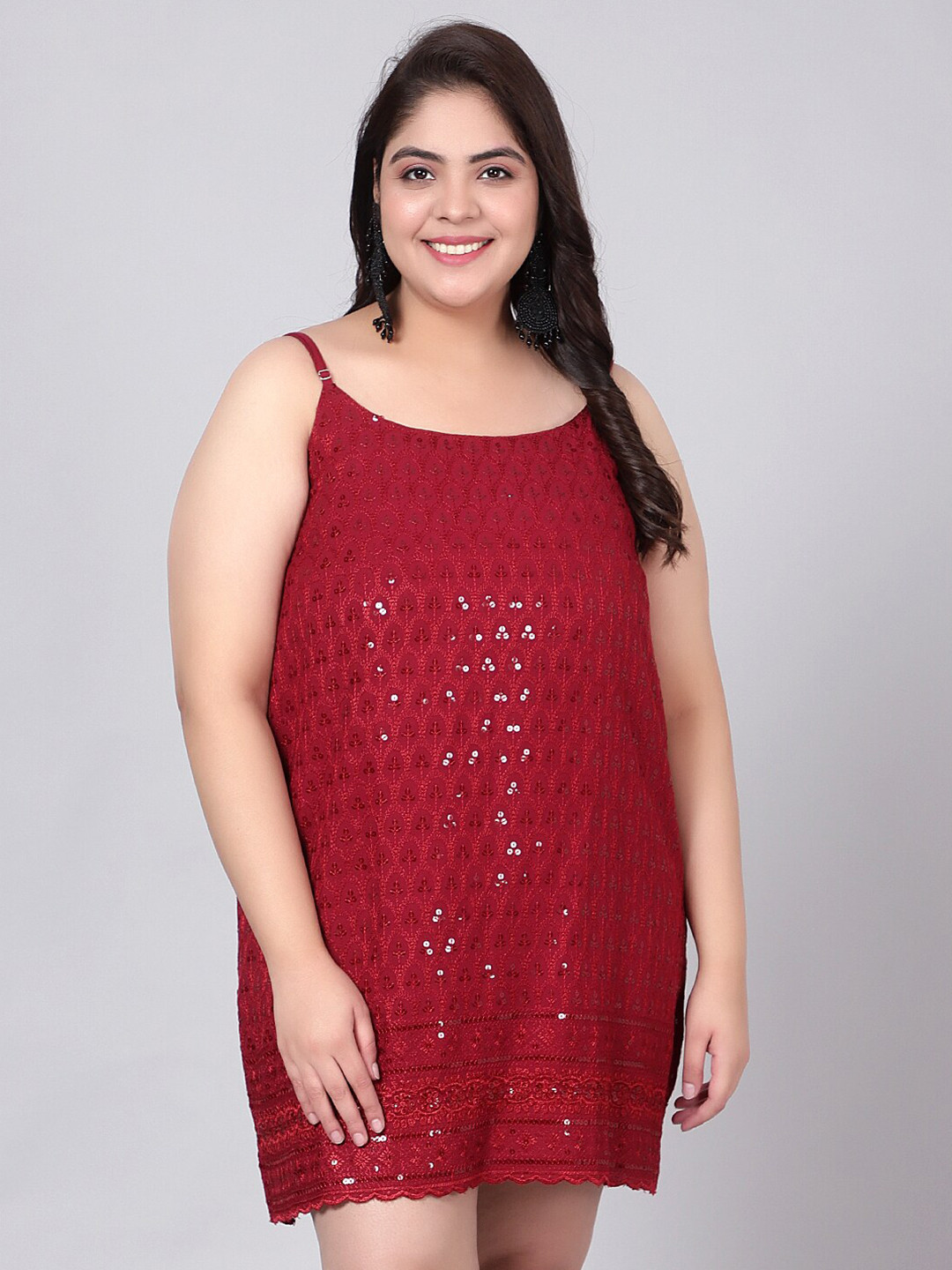 Indietoga Women Plus Size Embroidered Sequinned Sheath Shoulder Strap Dress
