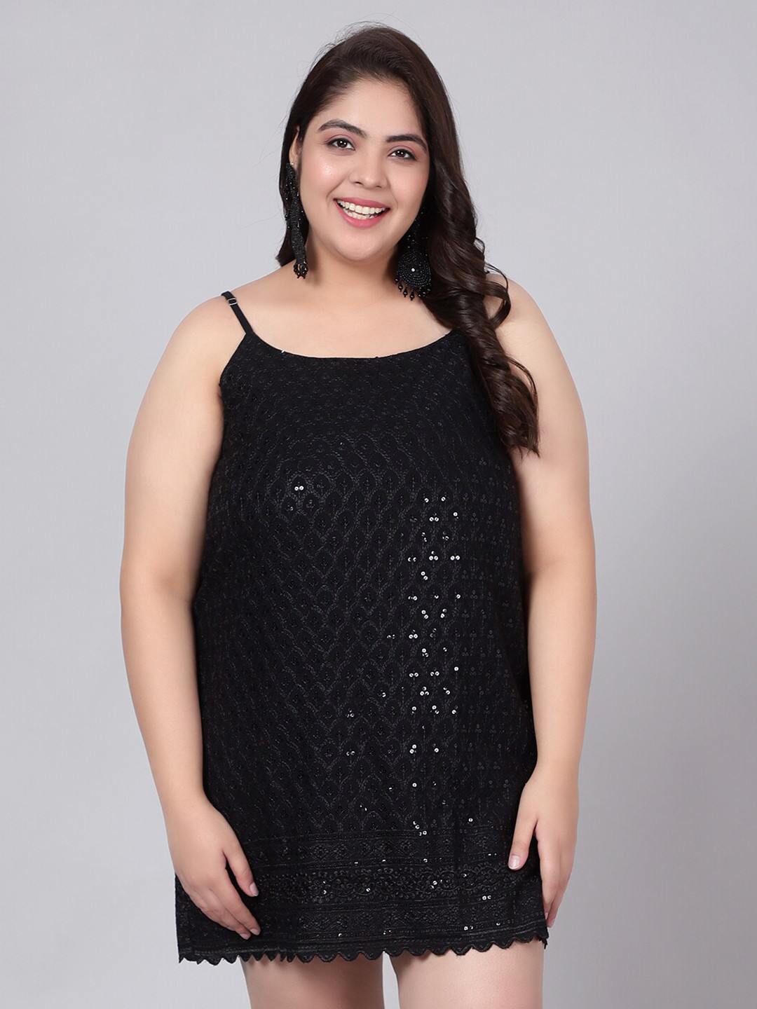 Indietoga Women's Plus Size Black Embroidered & Sequinned A-Line Knee-Length Strap Dress