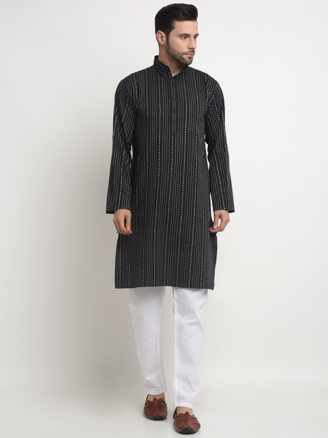 Arrabi Mandarin Collar Striped Thread Work Pathani Kurta