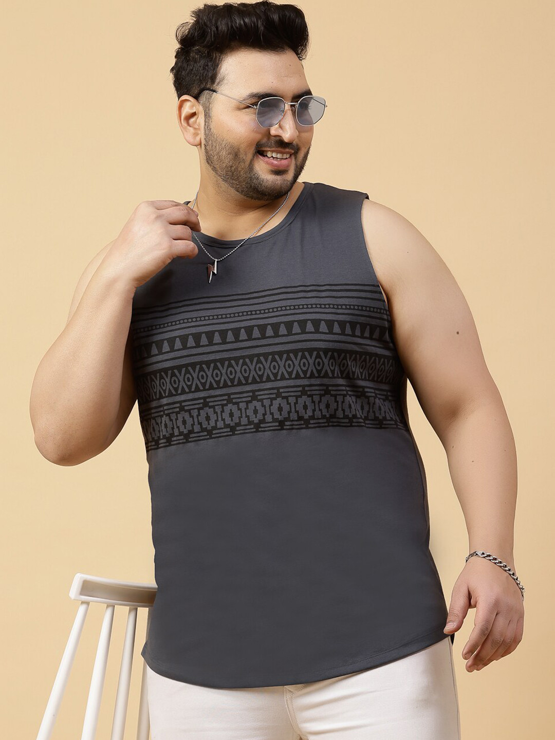 Rigo Plus Size Dark Printed Sleeveless T-Shirt Vest