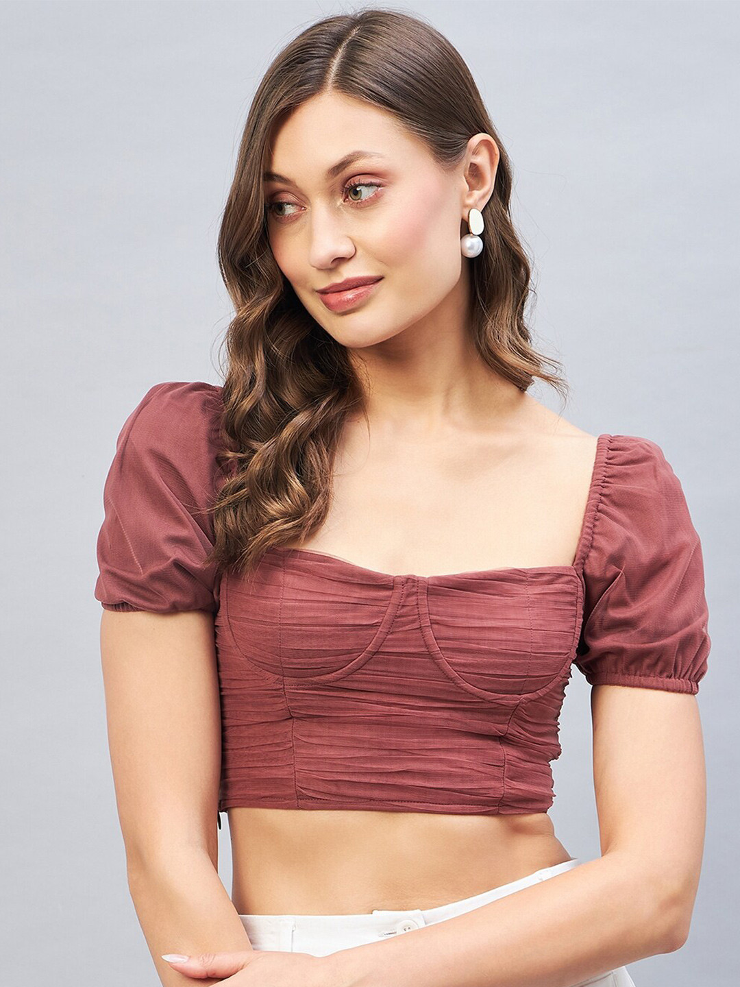 DELAN Sweetheart Neck Sleeve Net Crop Corset Top