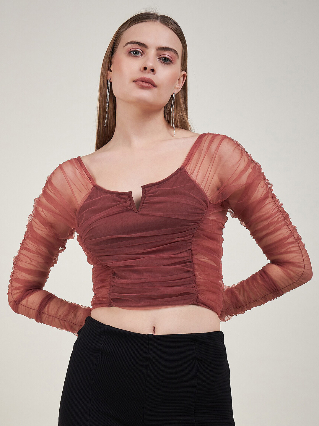 DELAN Scoop Neck Net Fitted Crop Top