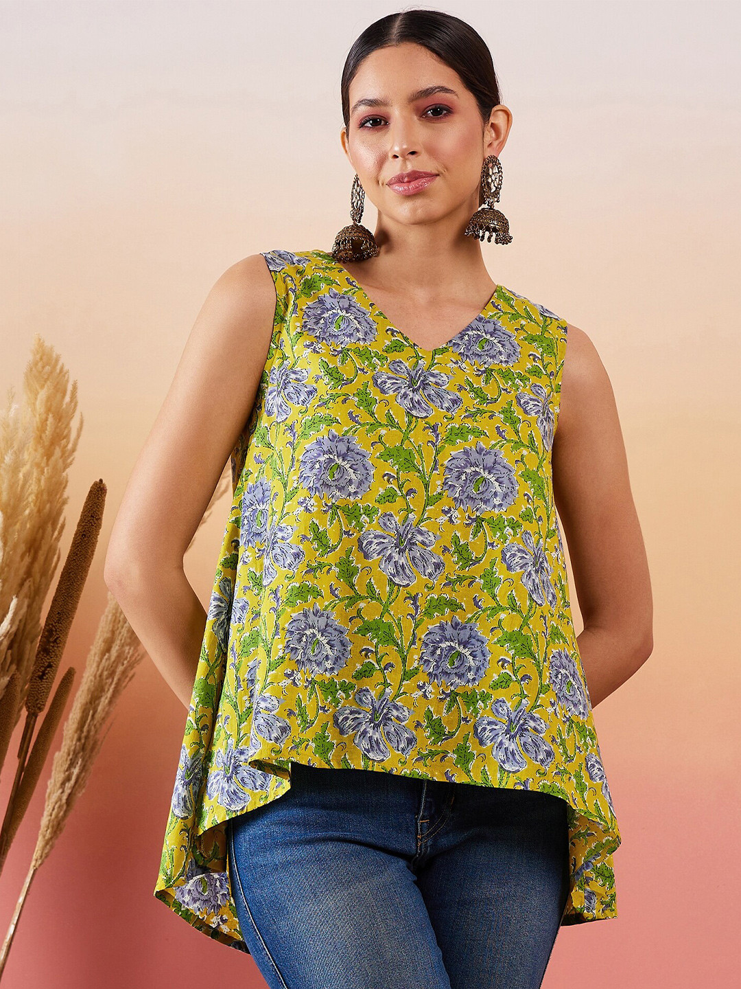 InWeave Yellow Floral Printed V-Neck Cotton High-Low Top