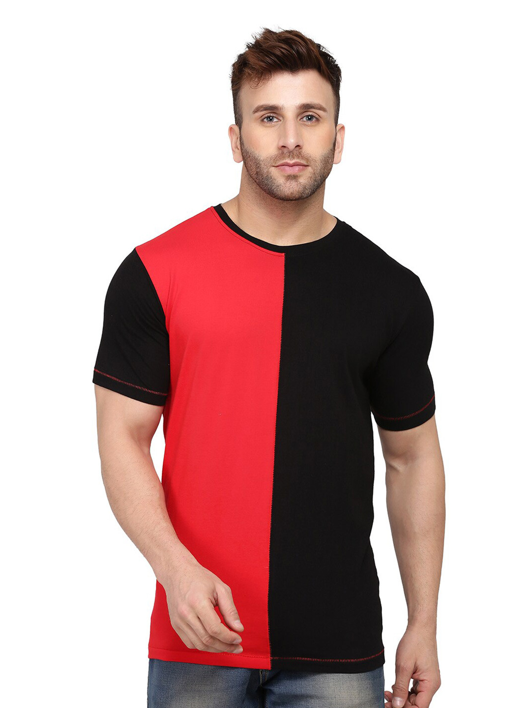 SLOWLORIS Round Neck Short Sleeves Colourblocked Cotton T-shirt