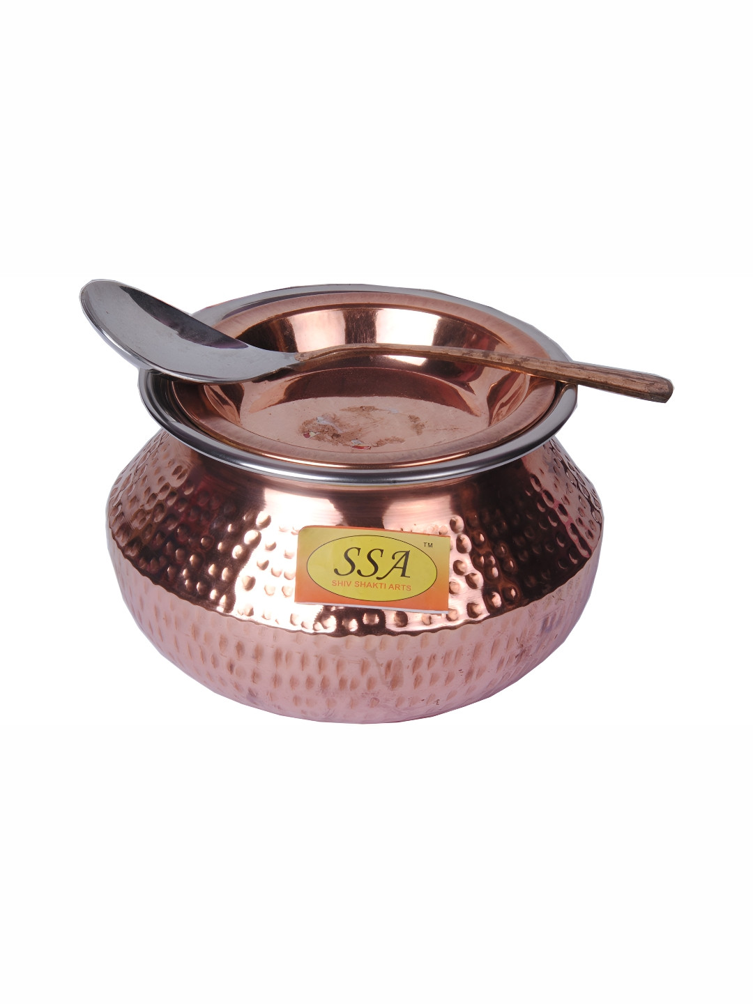 Shivshakti Arts Brown Hammered Copper Cooking Handi With Lid & Spoon 1.5L