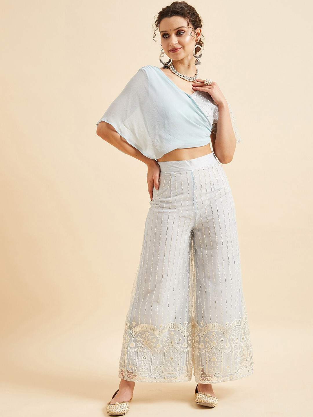 PANIT Blue Embroidered Crop Top With Palazzo