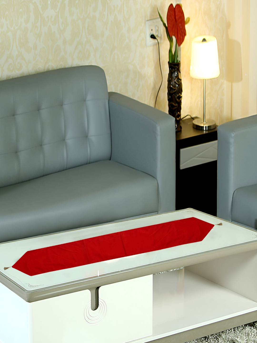 Home Heart Red Hexagon Shape Reversible Velvet Table Runner