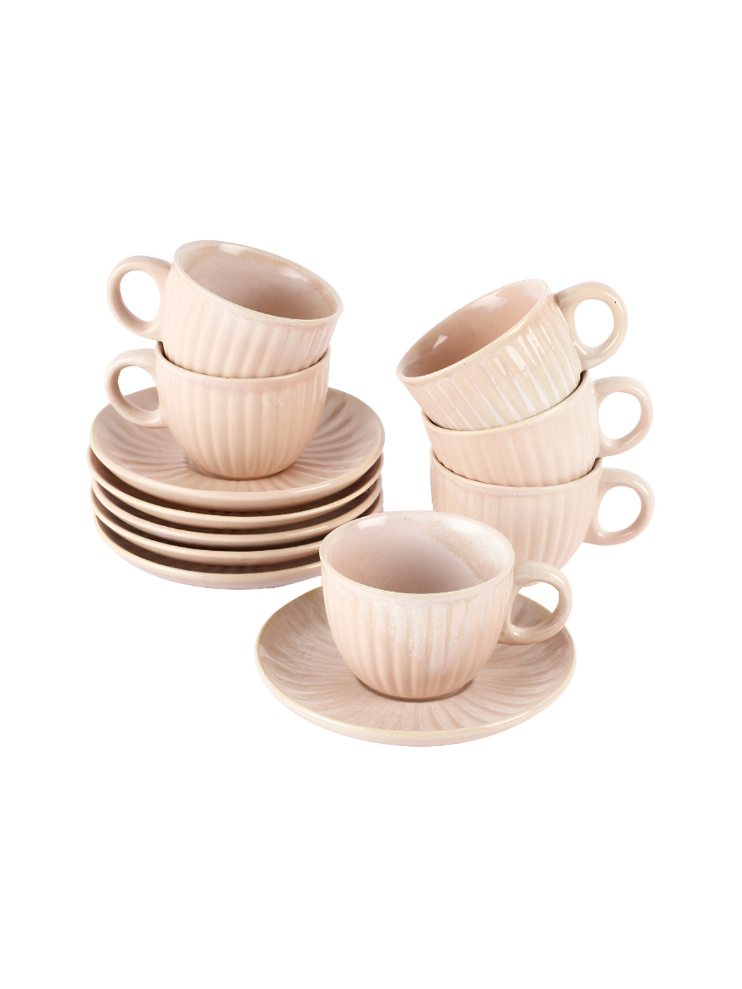 MIAH Decor Pink 12 Pcs Textured Stoneware Glossy Cups and Saucers