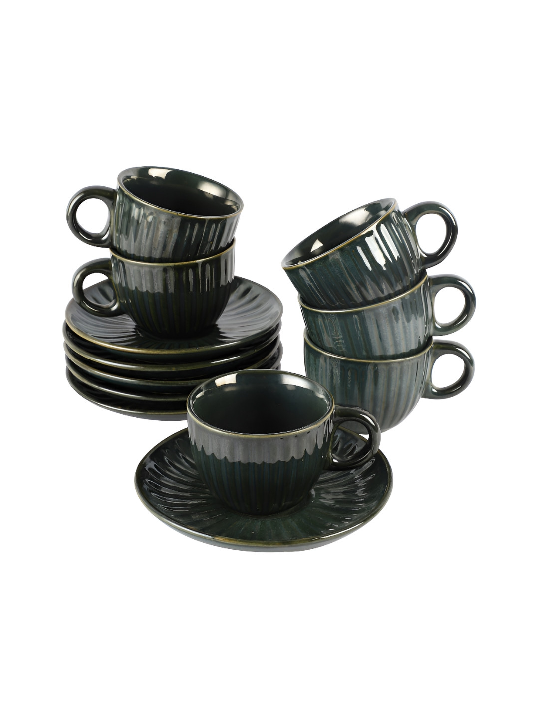 MIAH Decor Green 12 Pcs Handcrafted Textured Stoneware Glossy Cups and Saucers 170 ml