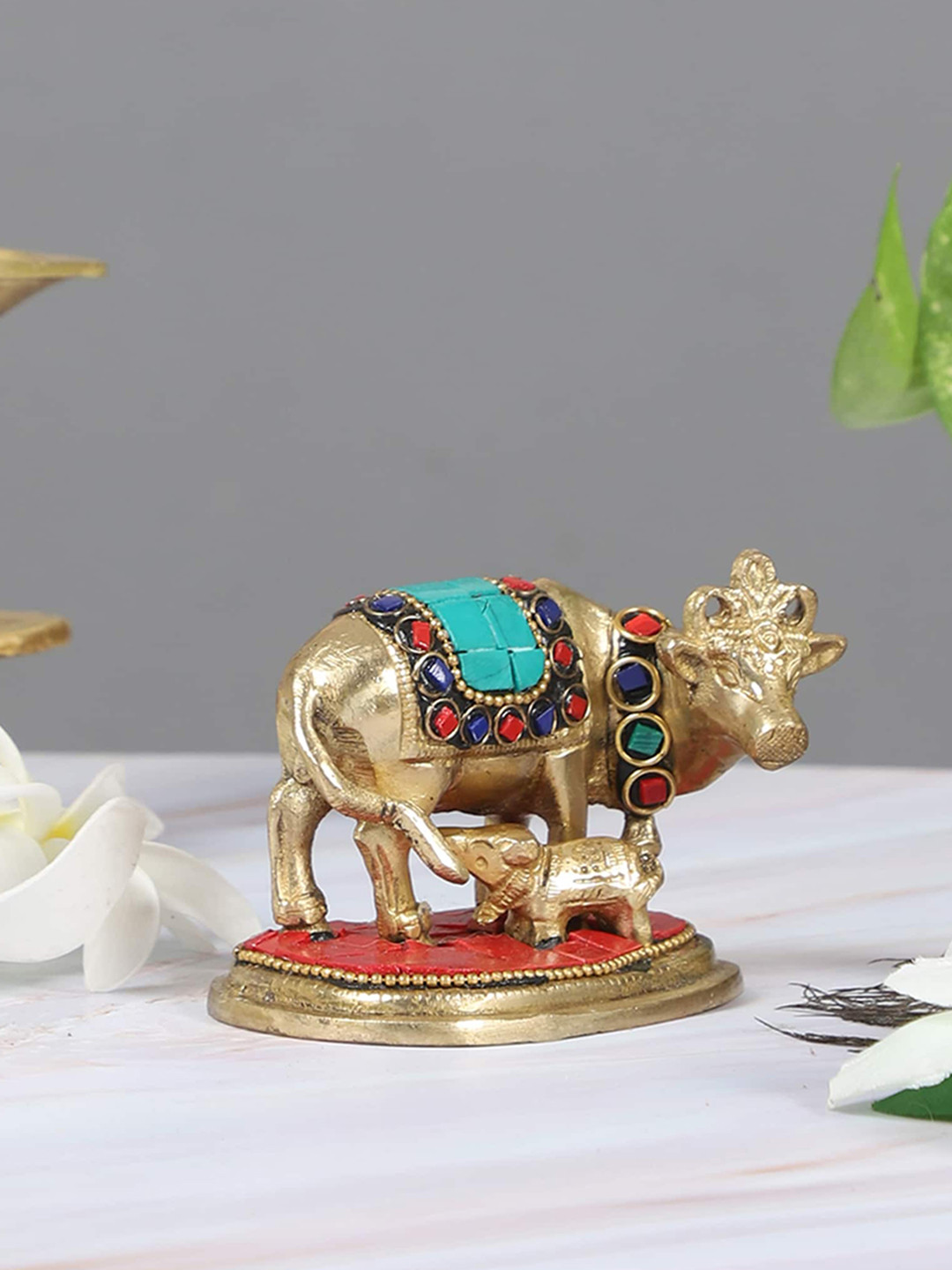 Two Moustaches Holy Kamdhenu Cow and Calf Red Metal Metallic Living Room Small Showpiece - 2.4 Inches