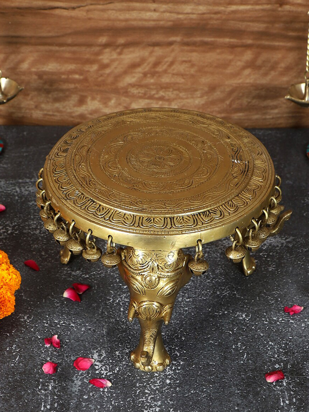 Two Moustaches Brown Chowki with Elephant Pillars and Bells