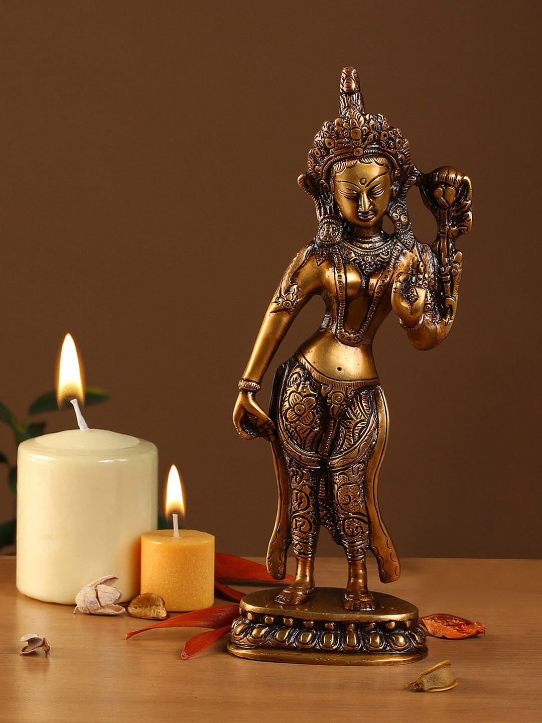 Two Moustaches Goddess Tara Standing Brown Brass Metallic Prayer Room Small Showpiece - 10.8 Inches