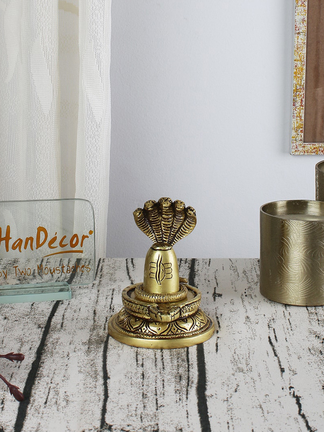 Two Moustaches Shivling with Sheshnaag Brown Brass Metallic Home Office Small Showpiece - 3.9 Inches