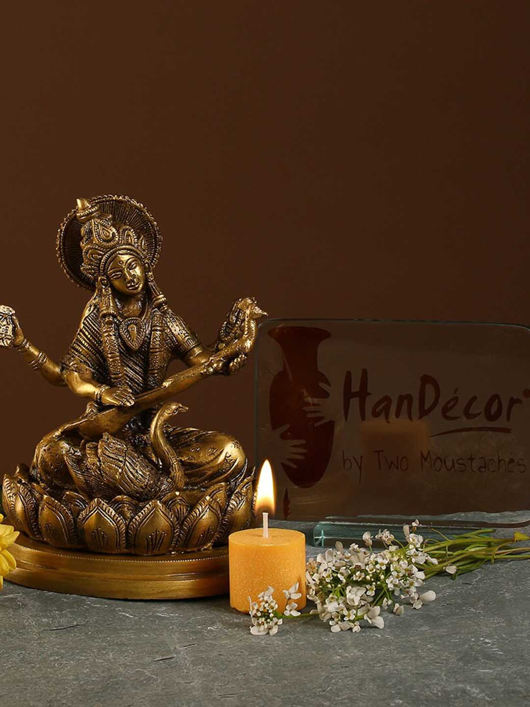 Two Moustaches Goddess Saraswati Brown Brass Metallic Prayer Room Small Showpiece - 6.9 Inches