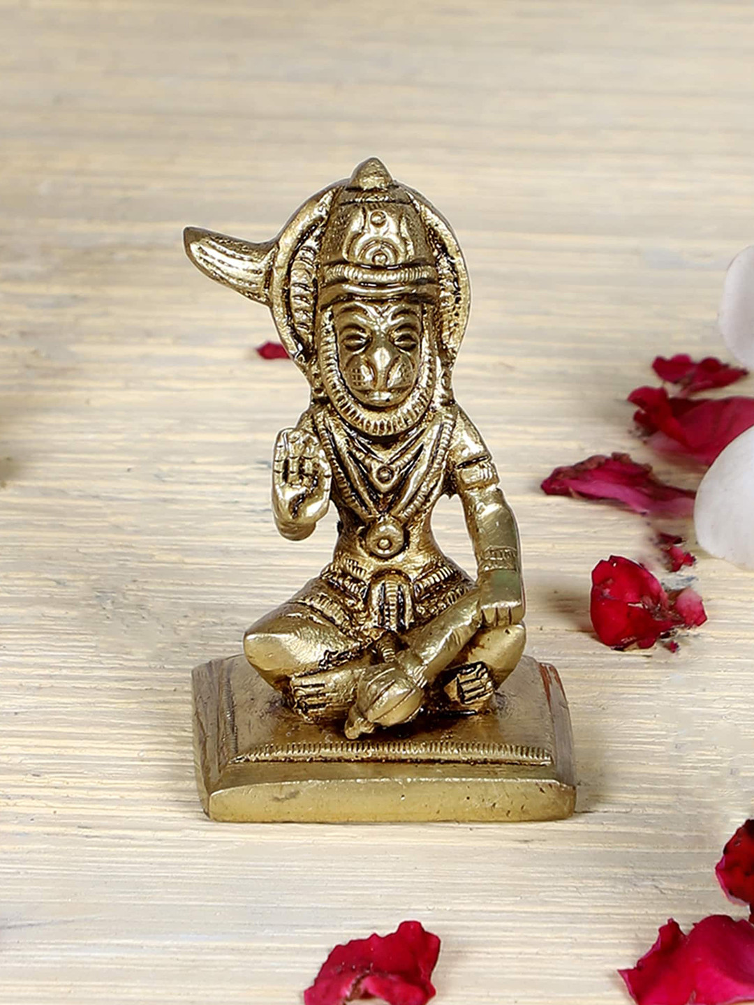 Two Moustaches Sitting Lord Hanuman Brown Brass Metallic Prayer Room Tiny Showpiece - 2.8 Inches