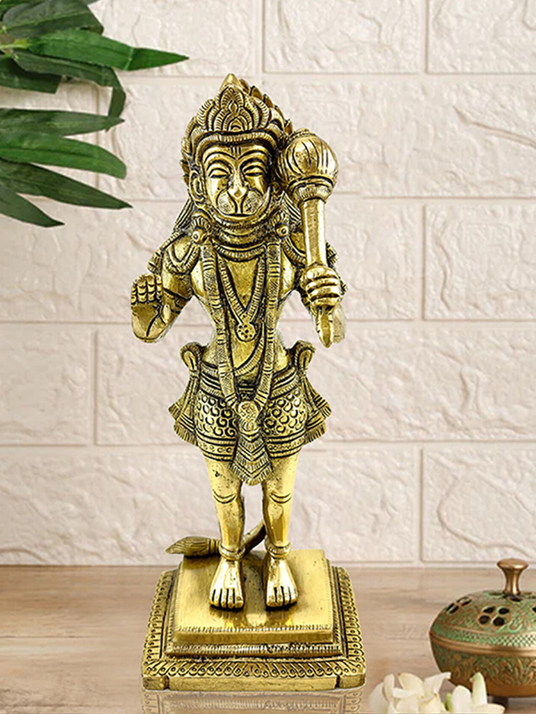 Two Moustaches Standing Hanuman Brown Brass Metallic Prayer Room Tiny Showpiece - 8.3 Inches