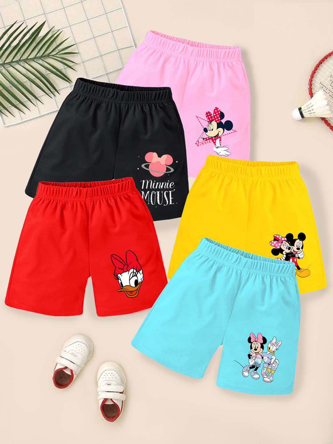KUCHIPOO Girls Pack Of 5 Minnie & Daisy Printed Shorts