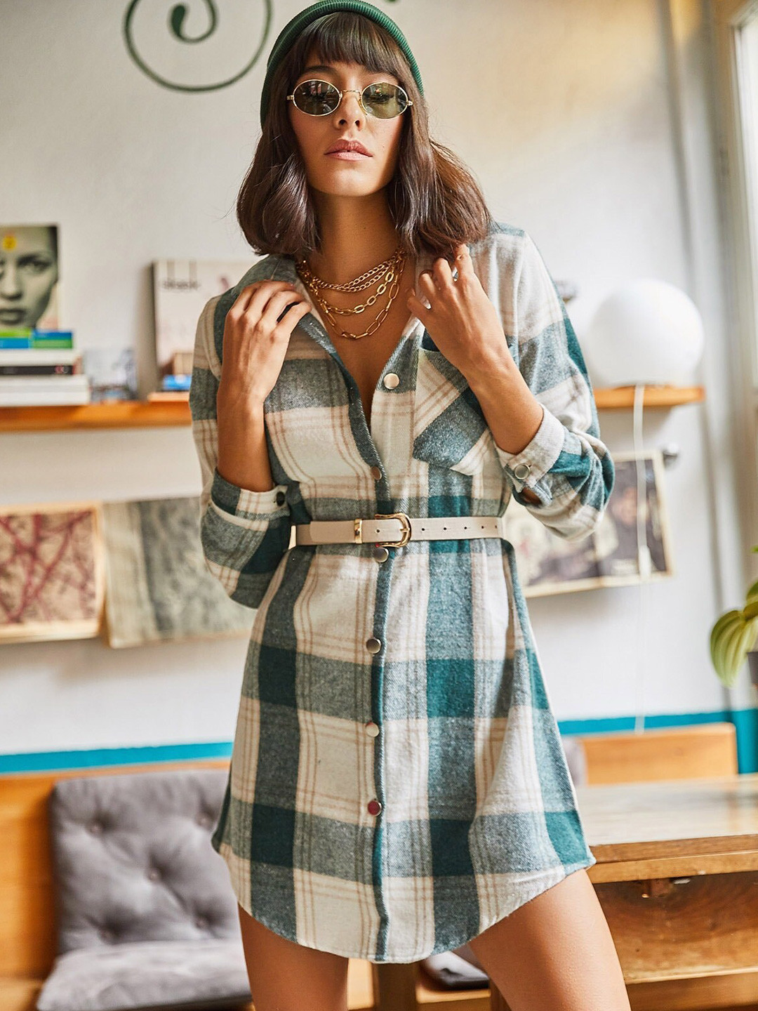 Olalook Checked Roll-Up Sleeves Shirt Mini Dress