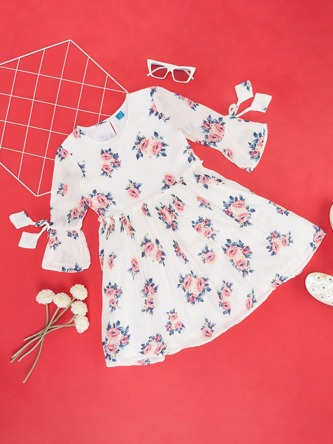 YU by Pantaloons Girls Floral Printed Bell Sleeves Fit & Flare Dress