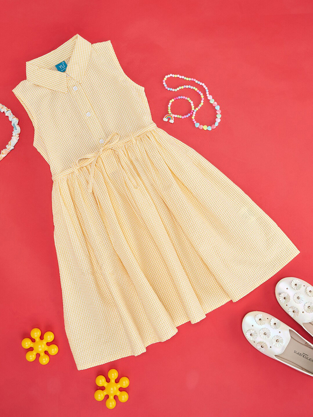 YU by Pantaloons Girls Checked Shirt Collar Pure Cotton Fit and Flare Dress