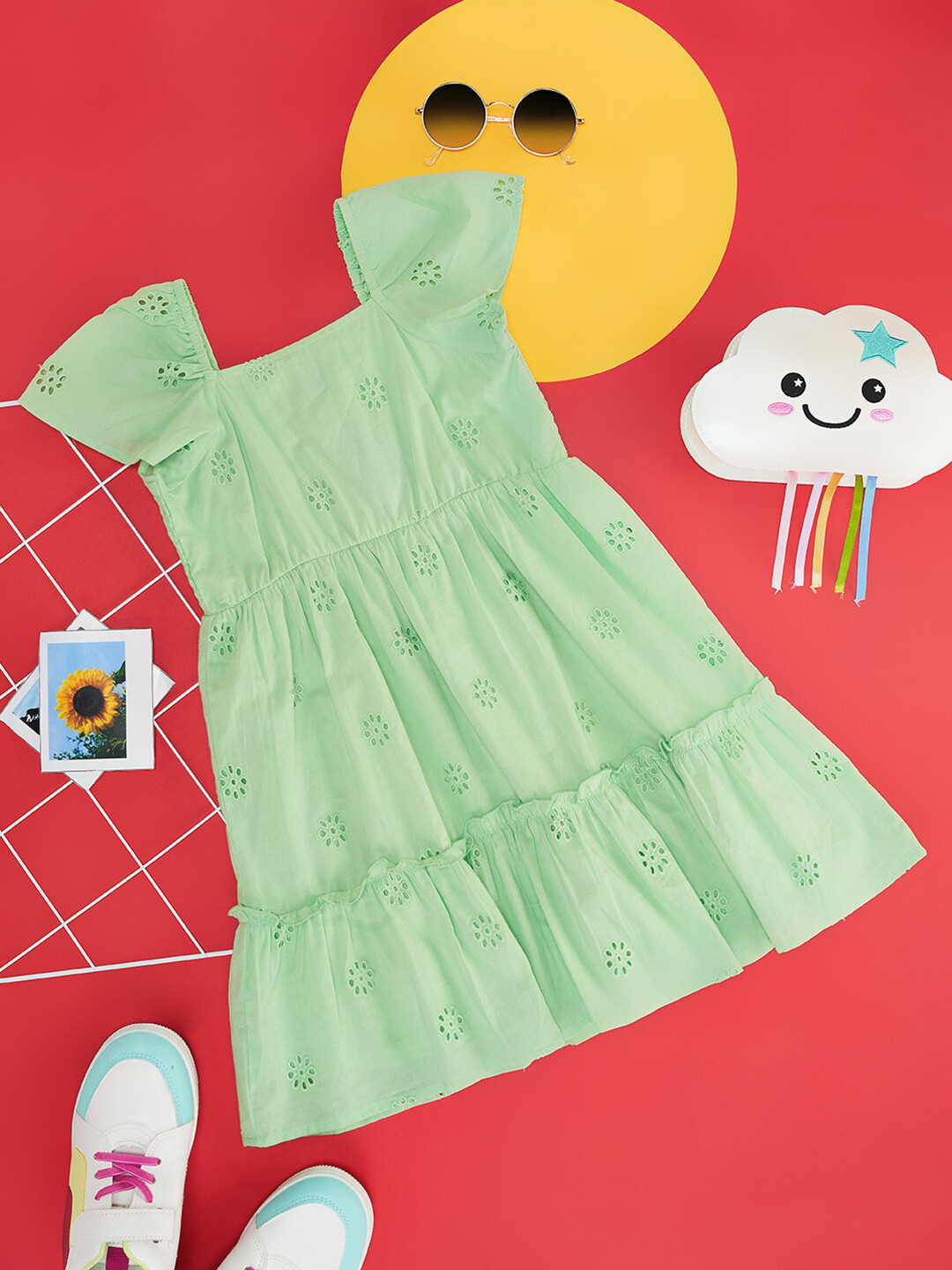 YU by Pantaloons Girls Self Design Square Neck Cap Sleeves Pure Cotton Fit and Flare Dress