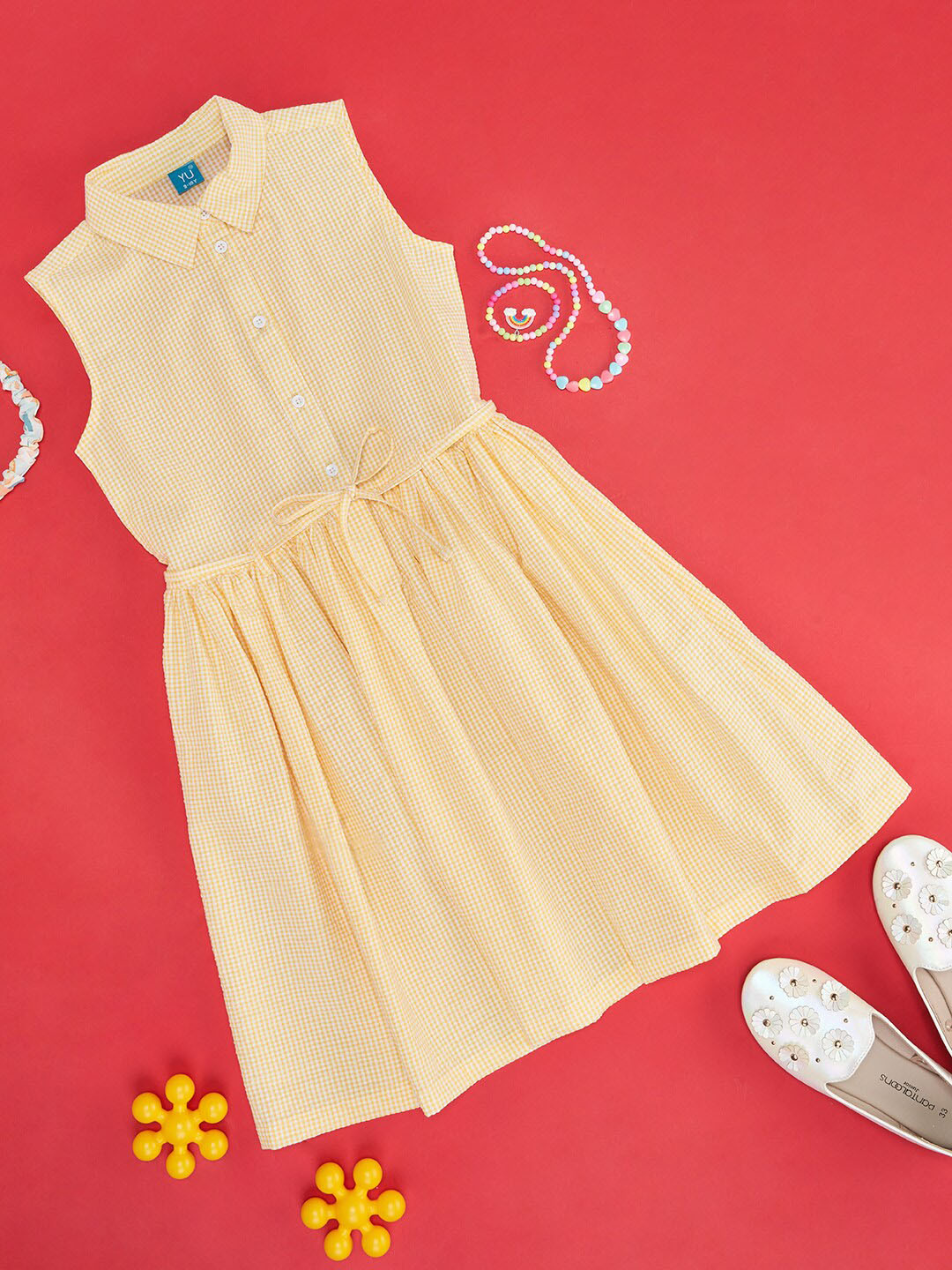 YU by Pantaloons Girls Checked Shirt Collar Pure Cotton Fit and Flare Dress