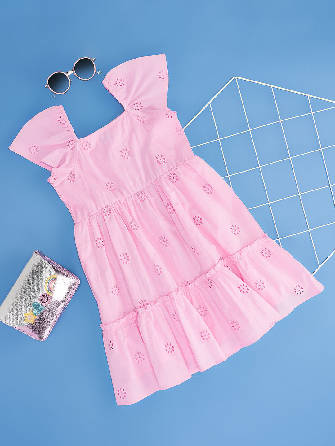 YU by Pantaloons Girls Self Design Square Neck Cap Sleeves Pure Cotton Fit and Flare Dress