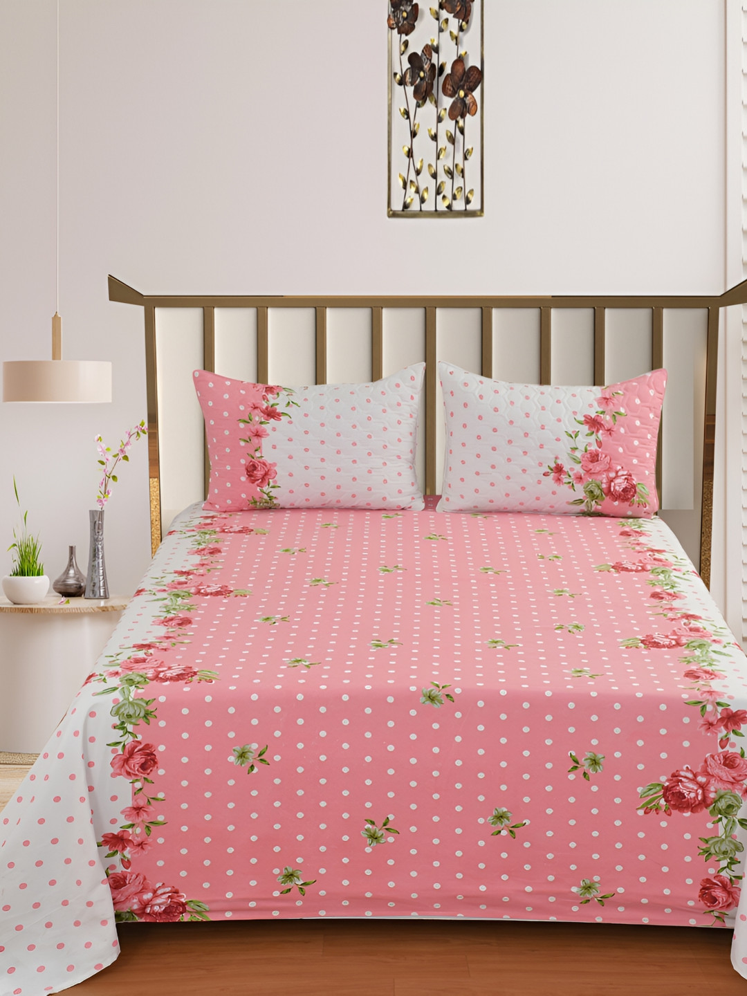 Nivasam Daffodil Pink Floral Cotton 400 TC King Superfine Bedsheet with 2 Pillow Covers-90 x 100 inches