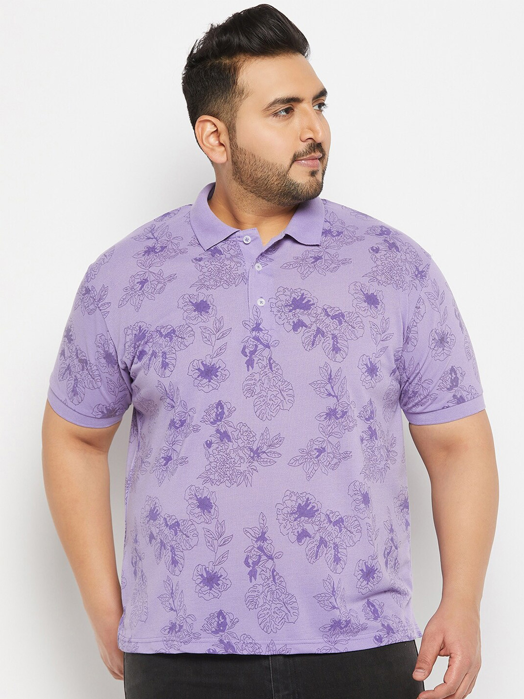 THE MILLION CLUB Plus Size Floral Printed Polo Collar Cotton Casual T-shirt
