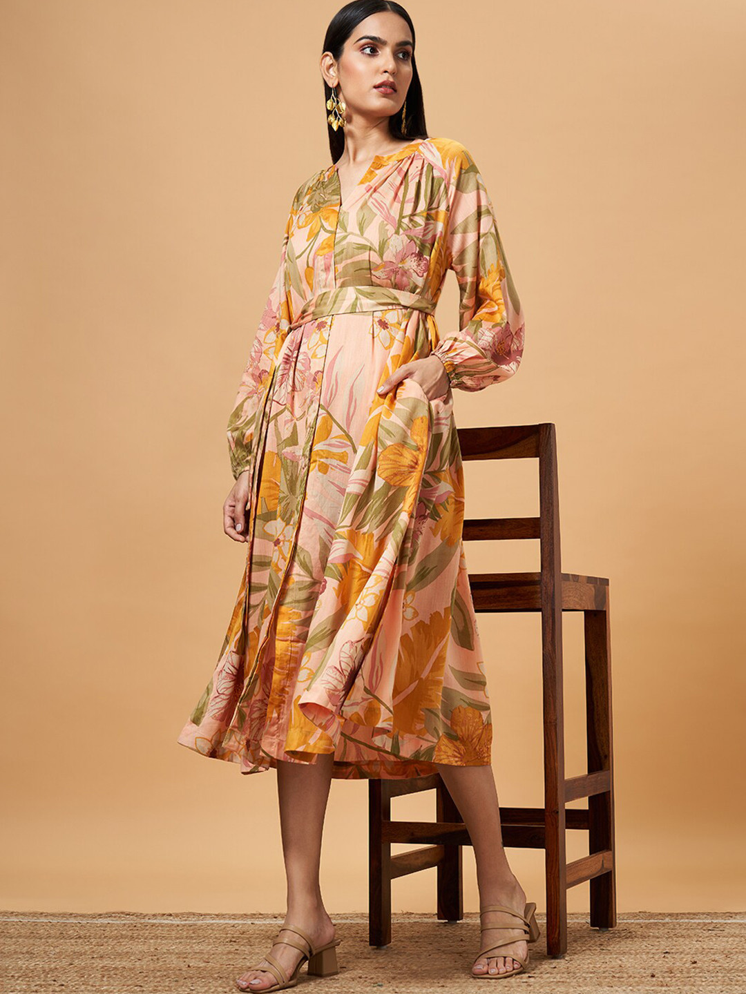 Marigold Lane Floral Print Mandarin Collar Tie-Up Neck Fit & Flare Midi Dress