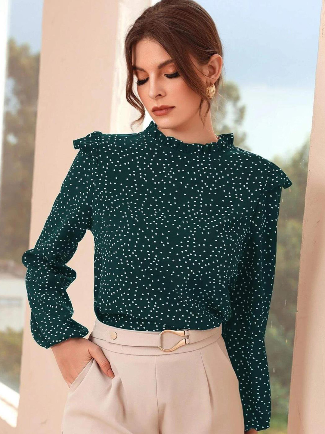 Kotty Polka Dot Print Puff Sleeve Ruffles Crepe Top
