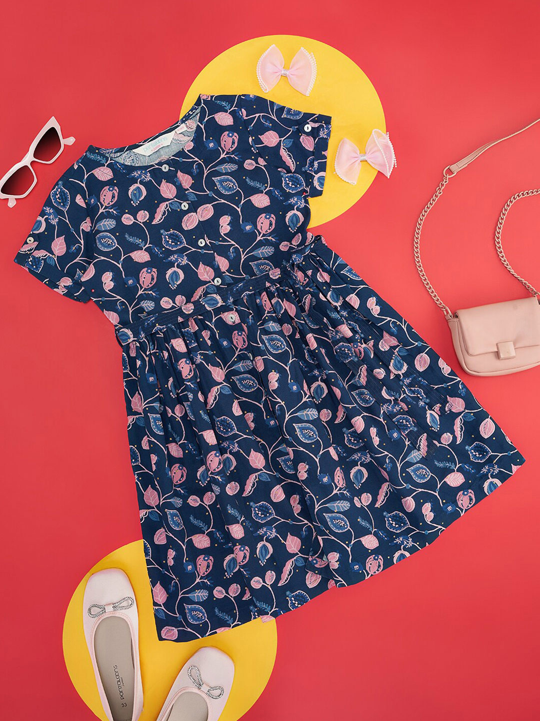 AKKRITI BY PANTALOONS Girl Floral Printed Cotton Tie Up Fit & Flare Dress