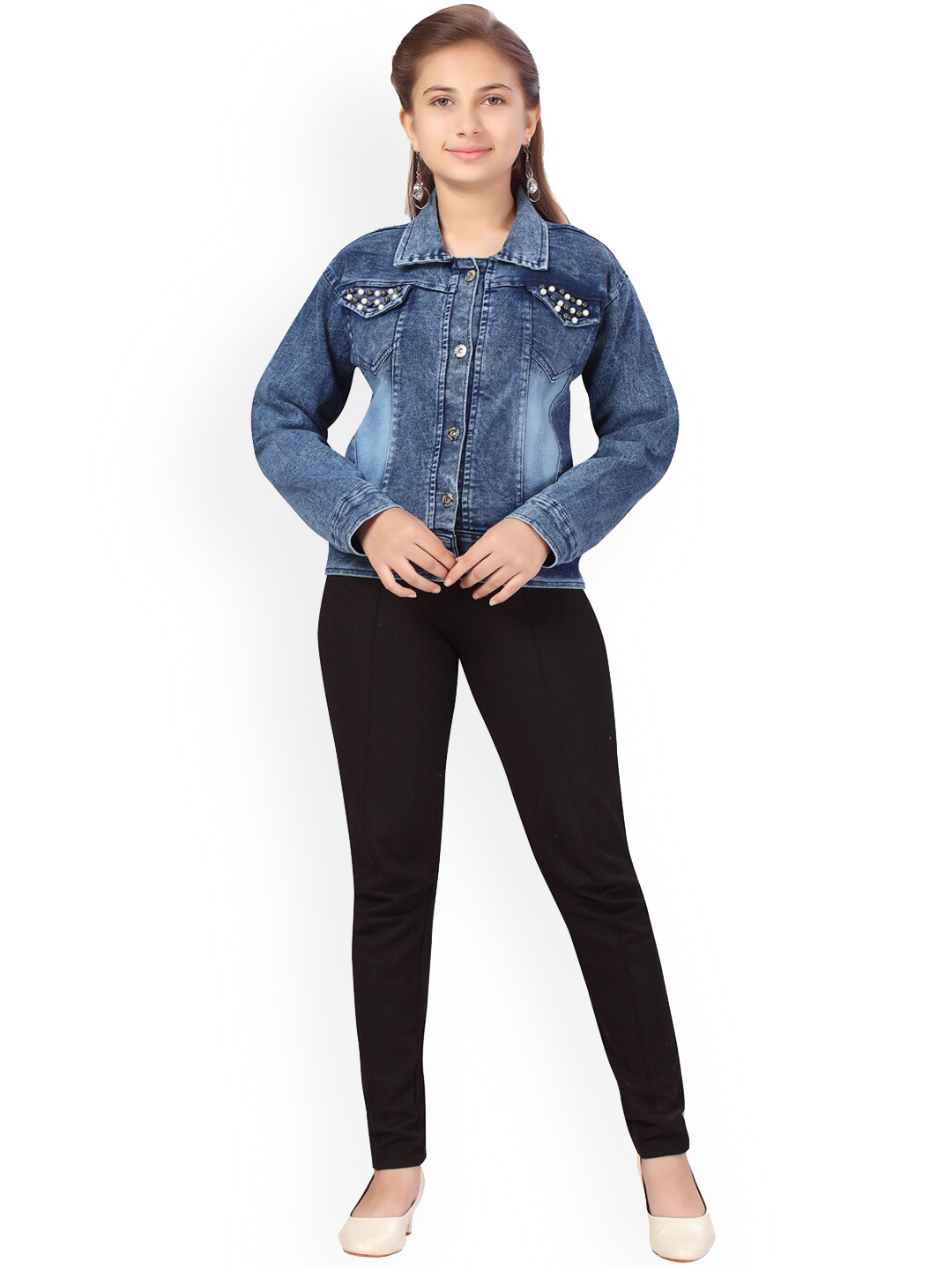 BAESD Girls Washed Beaded Longline Denim Jacket