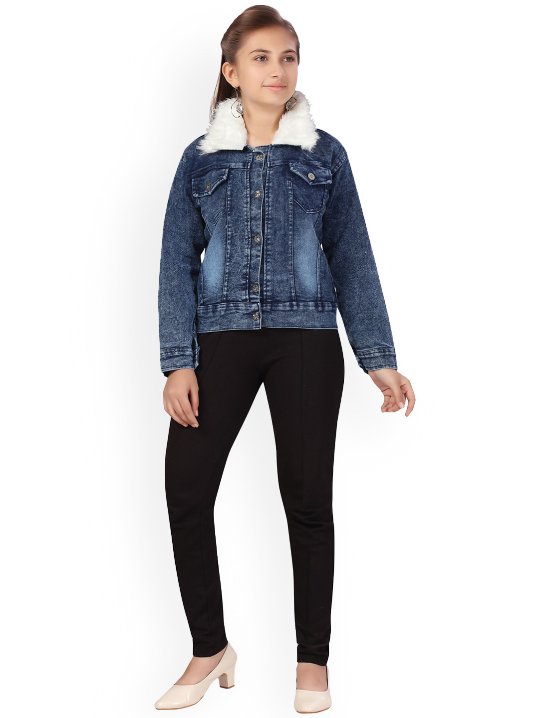 BAESD Girls Washed Faux Fur Trim Cotton Denim Jacket