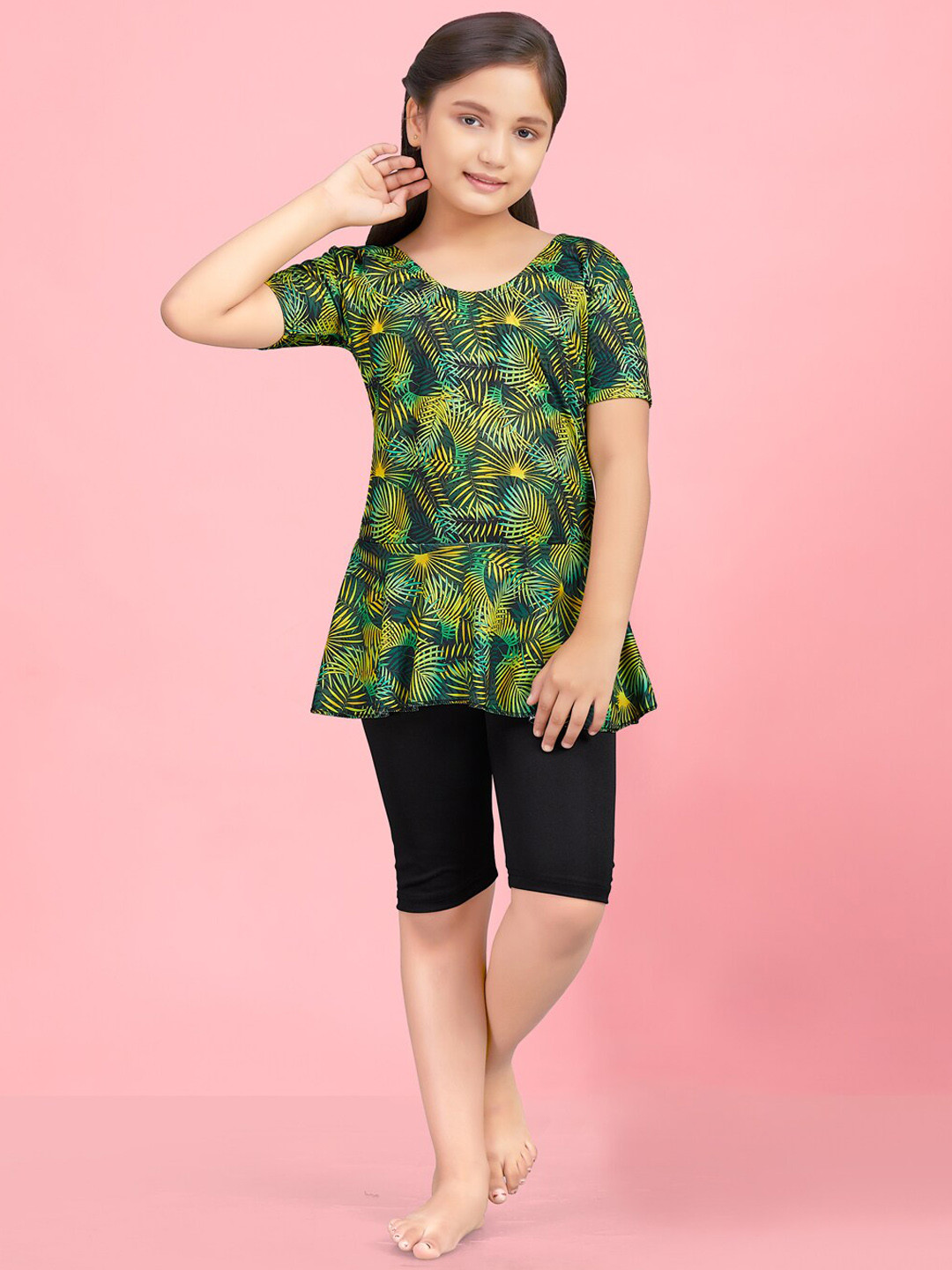 BAESD Girls Leaf Printed Full Coverage Swim Suit