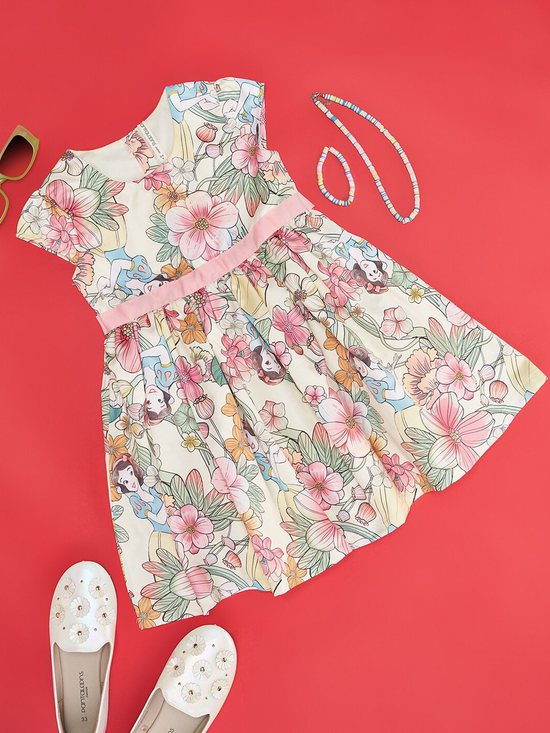 Pantaloons Junior Girls Floral Printed Cap Sleeves Gathered Detail Fit & Flare Dress