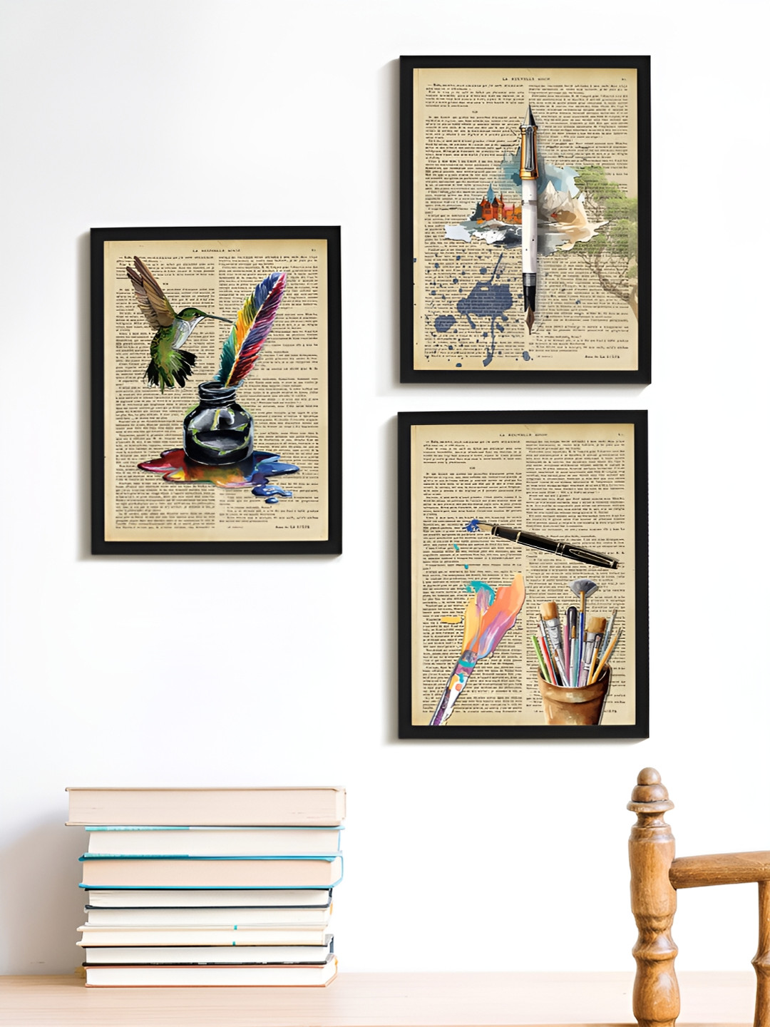 Art Street Humming Bird Synthetic Wood 3 Piece Wall Photographs Wall Art - 12.6 x 9.2In