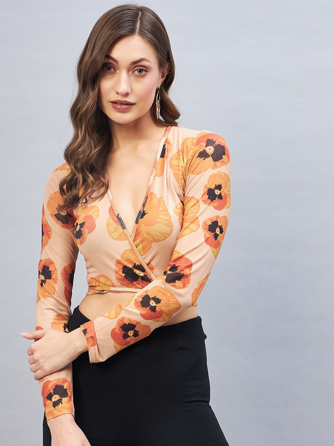 DELAN Floral Printed V-Neck Wrap Crop Top