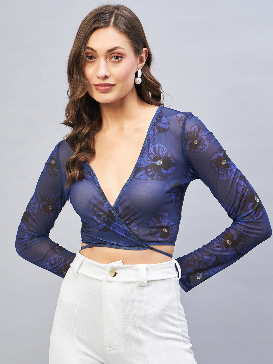 DELAN Floral Printed Wrap Crop Top