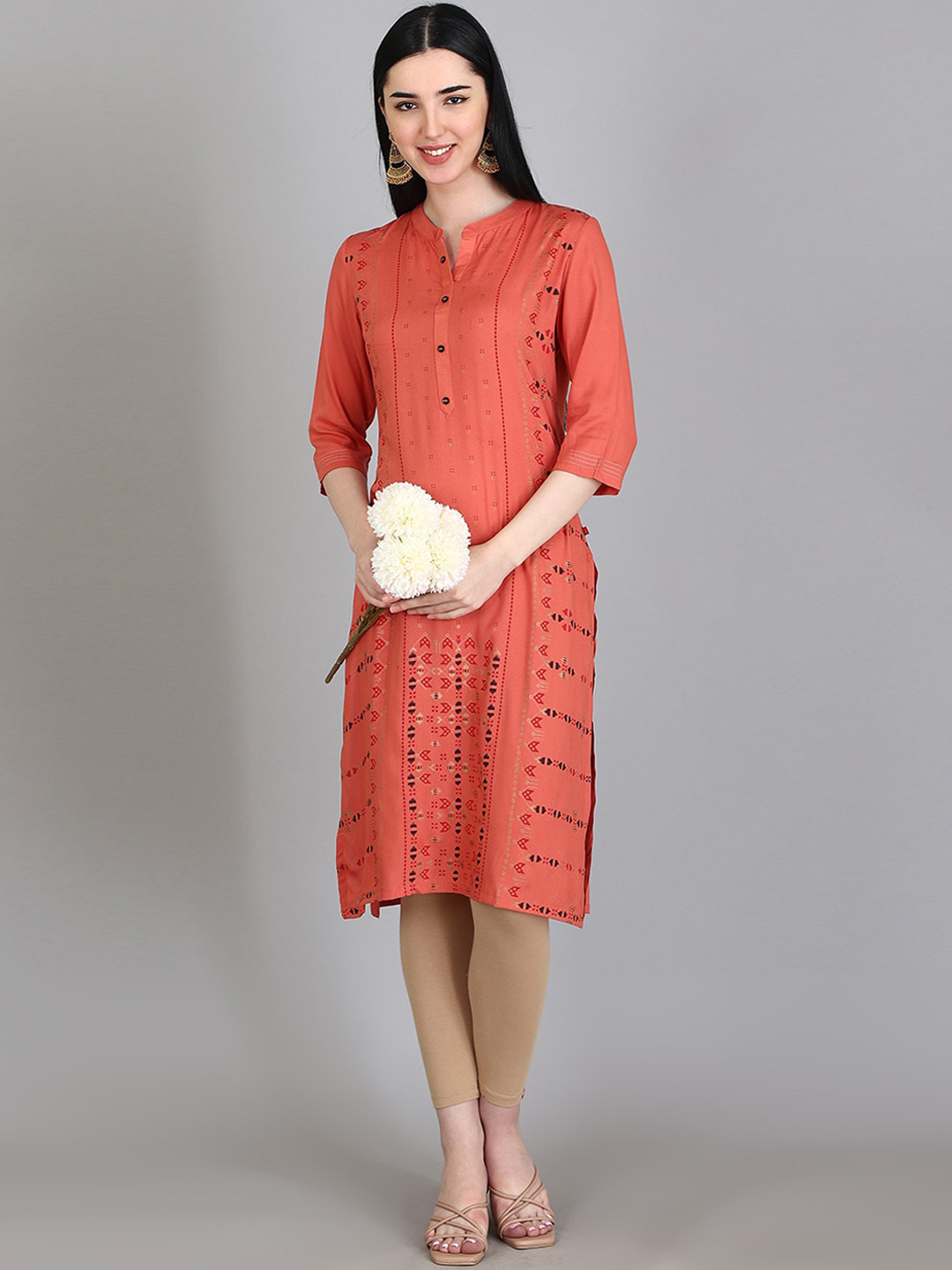 Alena Ethnic Motifs Printed Mandarin Collar Pure Liva Straight Kurta