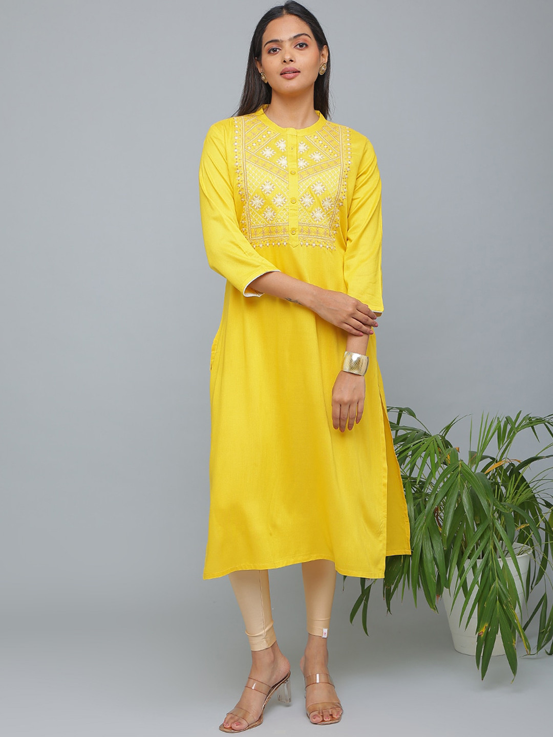 Alena Ethnic Motifs Yoke Design Thread Work Liva Mandarin Collar A-Line Kurta