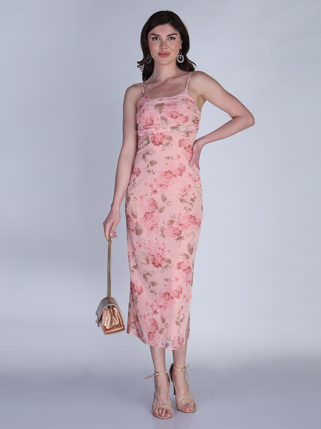 Orchid Blues Floral Printed Shoulder Straps Sheath Midi Dress
