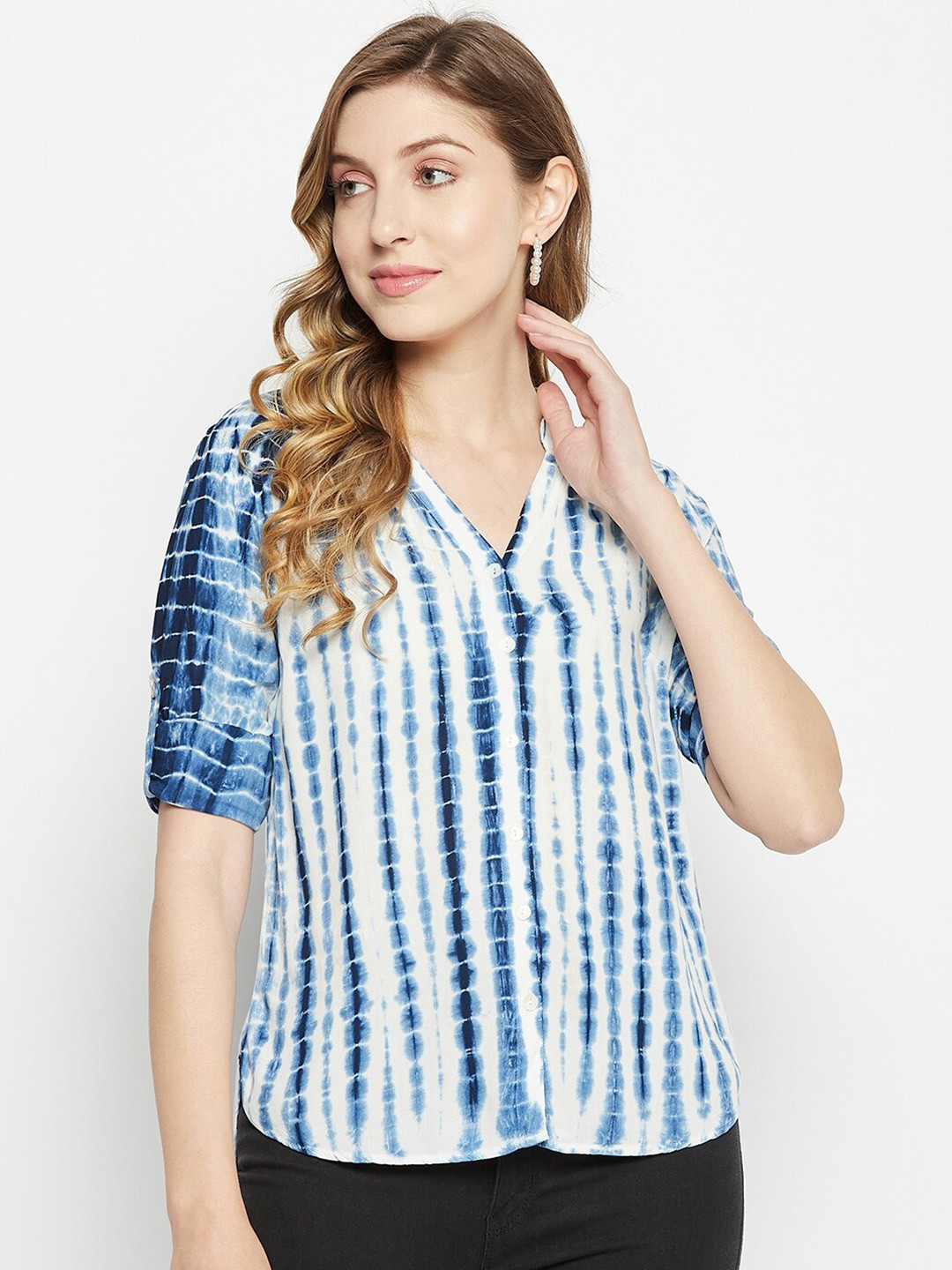 Ruhaans Classic Tie & Dye Dyed Mandarin Collar Roll-Up Sleeves Casual Shirt