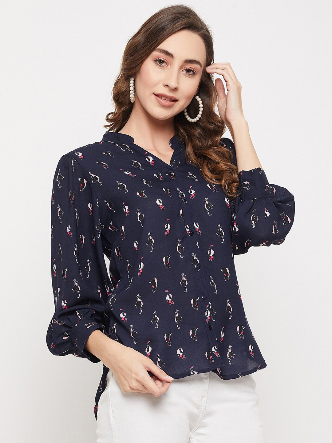 Ruhaans Navy Blue Animal Print Casual Shirt with Puff Sleeves