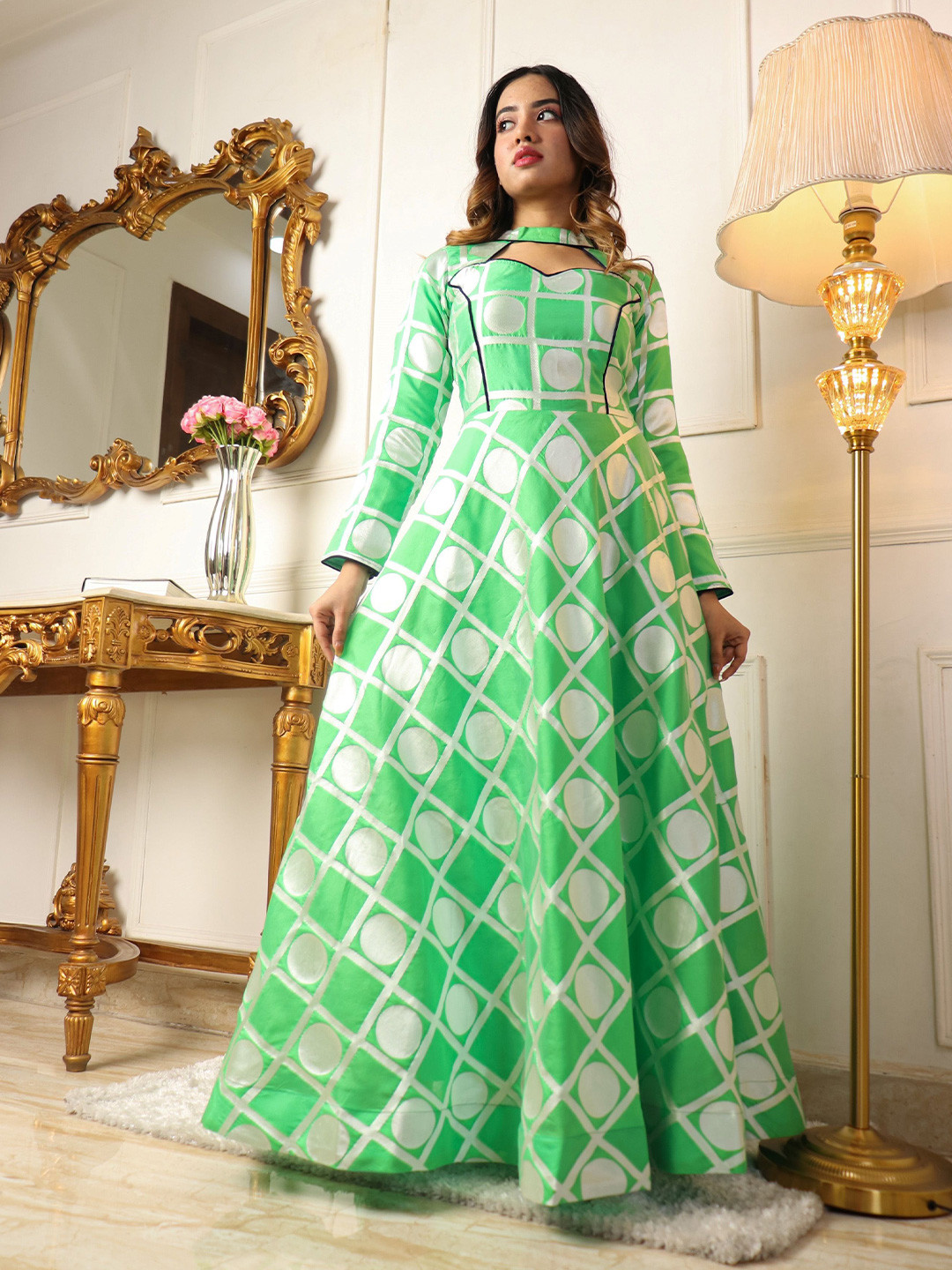 Vidraa Western Store Geometric Printed Cut Out Jacquard Maxi Dress
