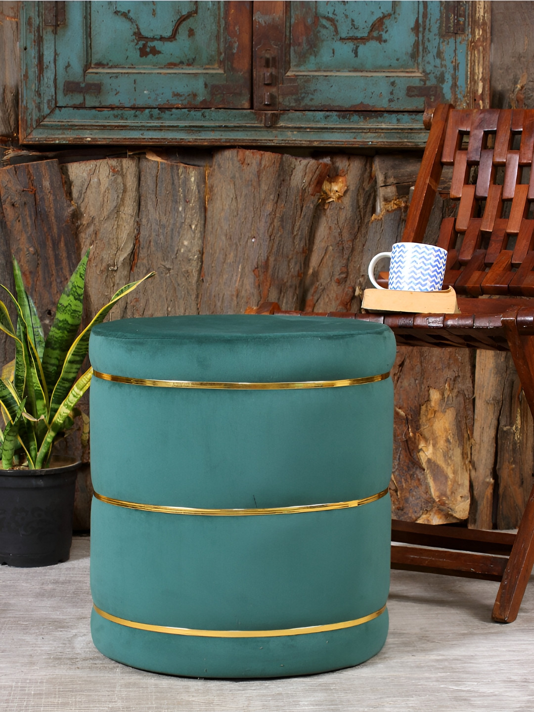 Shadowkart Green Velvet & Wooden Cylindrical Ottoman